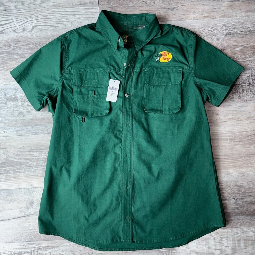 BASS PRO SHOPS Women XL Dark Green Short Sleeve Button Fishing Shirt Vented NWT